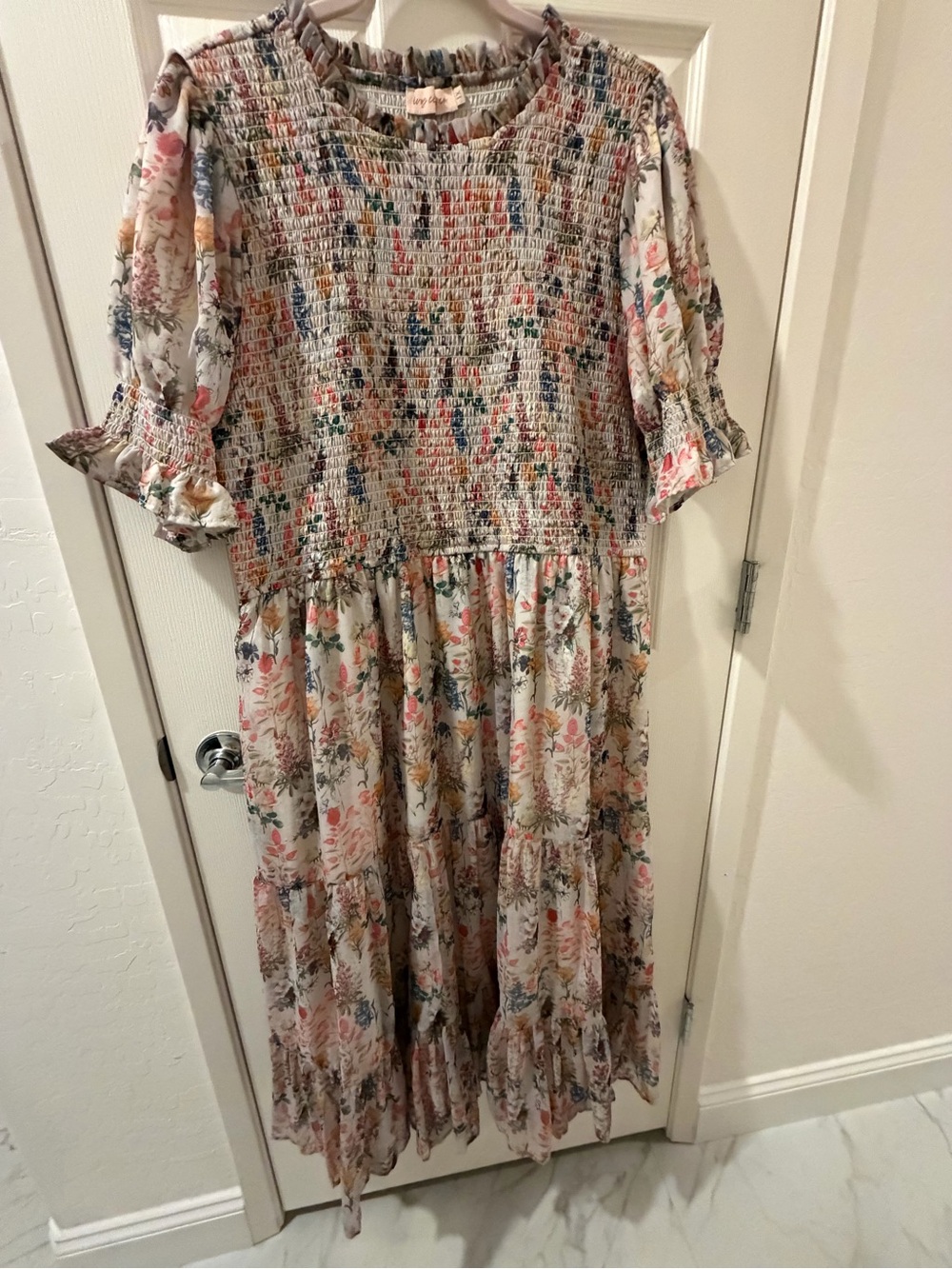 Ivy City Co Floral Smocked Midi Dress in Ivory, Pink, Blue